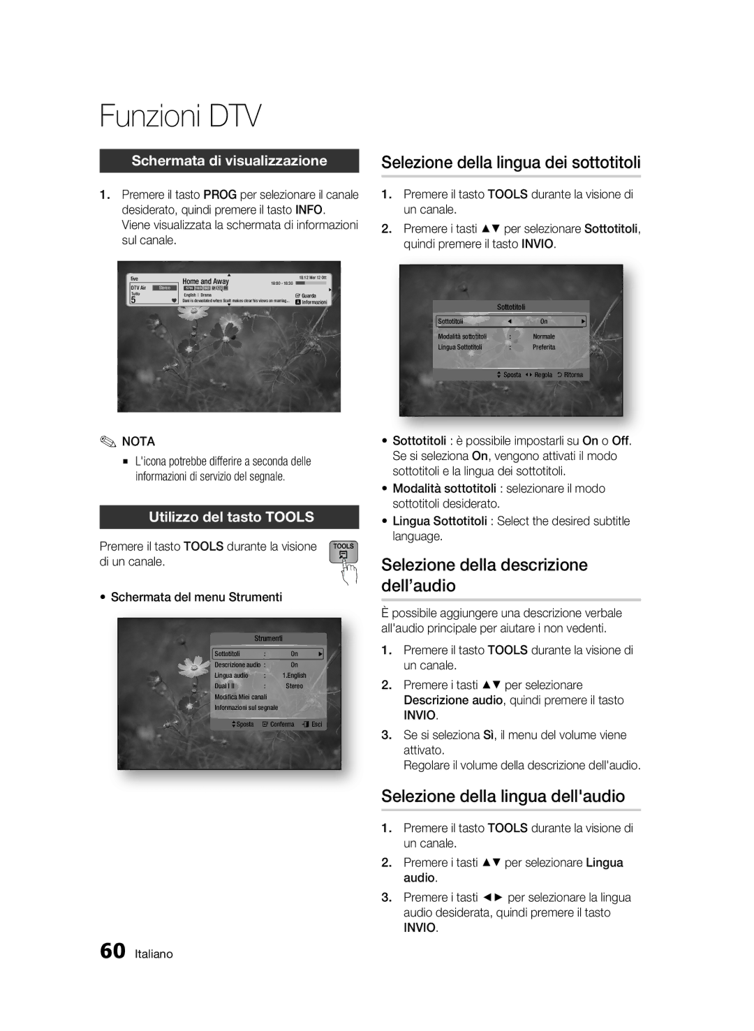 Samsung BD-C8500/XEF, BD-C8500/EDC manual Funzioni DTV, Selezione della descrizione dell’audio, Schermata di visualizzazione 