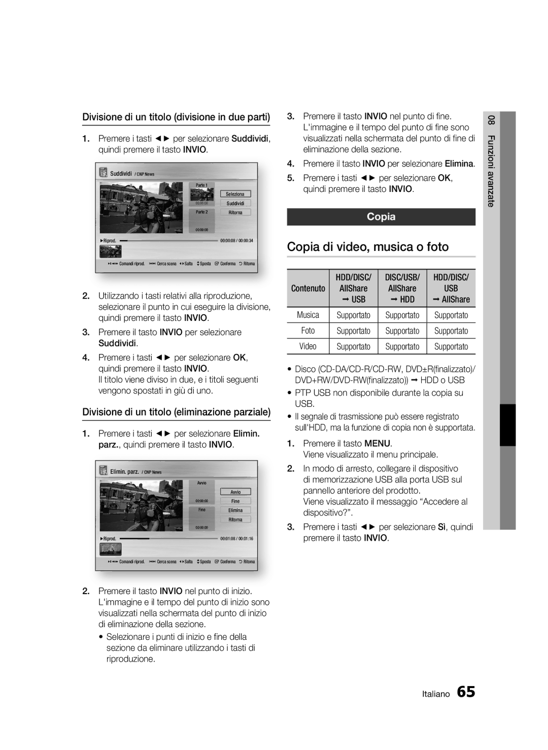 Samsung BD-C8200/XEF, BD-C8500/EDC manual Copia di video, musica o foto, Divisione di un titolo divisione in due parti 