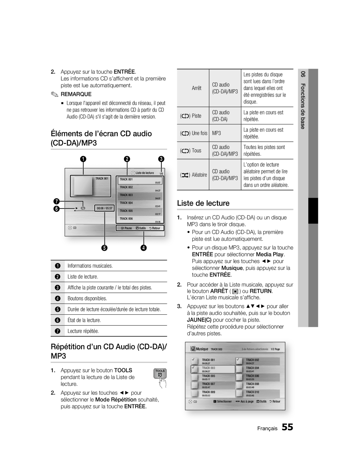 Samsung BD-C8200/XEF Éléments de l’écran CD audio CD-DA/MP3, Répétition d’un CD Audio CD-DA/ MP3, Liste de lecture, Cd-Da 