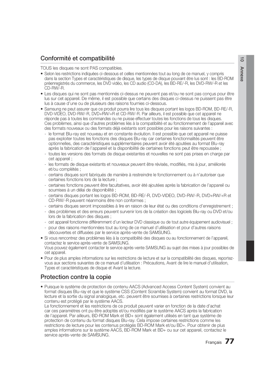 Samsung BD-C8500/XEF manual Conformité et compatibilité, Protection contre la copie, Lors de la fabrication des disques 