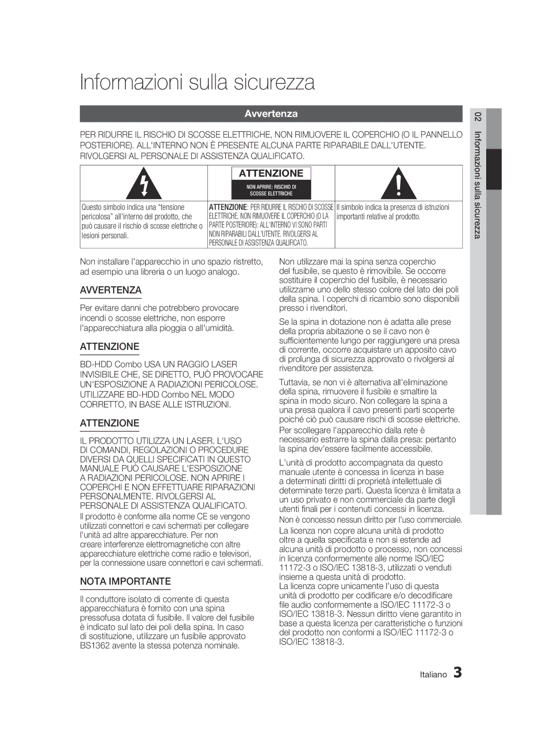 Samsung BD-C8500/XEF, BD-C8500/EDC, BD-C8200/XEF manual Informazioni sulla sicurezza, Avvertenza 