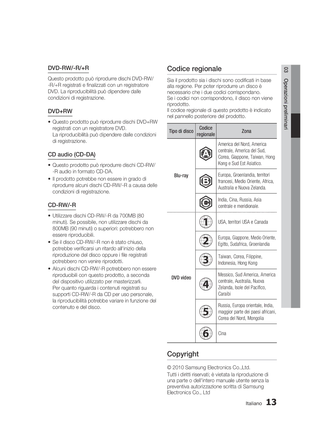 Samsung BD-C8200/XEF, BD-C8500/EDC, BD-C8500/XEF manual Codice regionale, CD audio CD-DA 