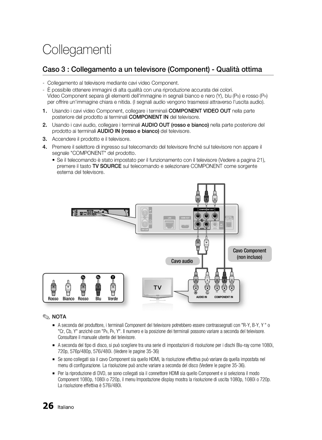 Samsung BD-C8500/XEF, BD-C8500/EDC, BD-C8200/XEF manual Caso 3 Collegamento a un televisore Component Qualità ottima 