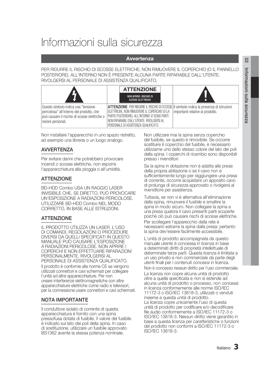 Samsung BD-C8500/EDC, BD-C8200/XEF, BD-C8500/XEF manual Informazioni sulla sicurezza, Avvertenza 