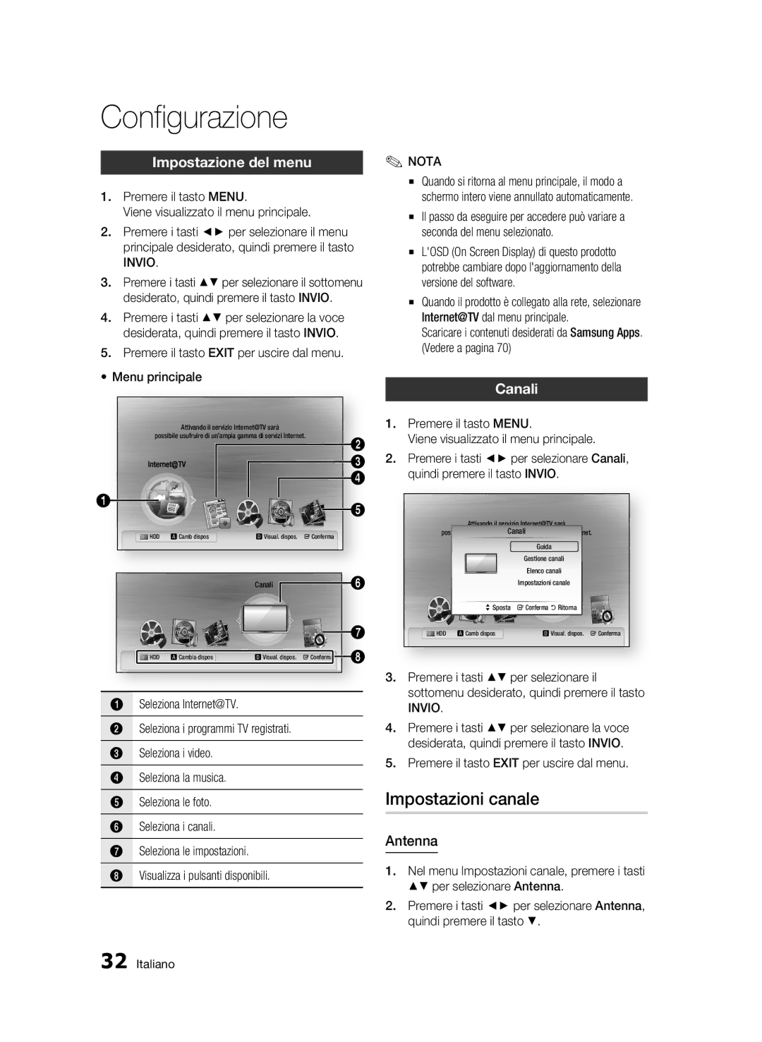 Samsung BD-C8500/XEF, BD-C8500/EDC, BD-C8200/XEF manual Impostazioni canale, Impostazione del menu, Canali, Antenna 