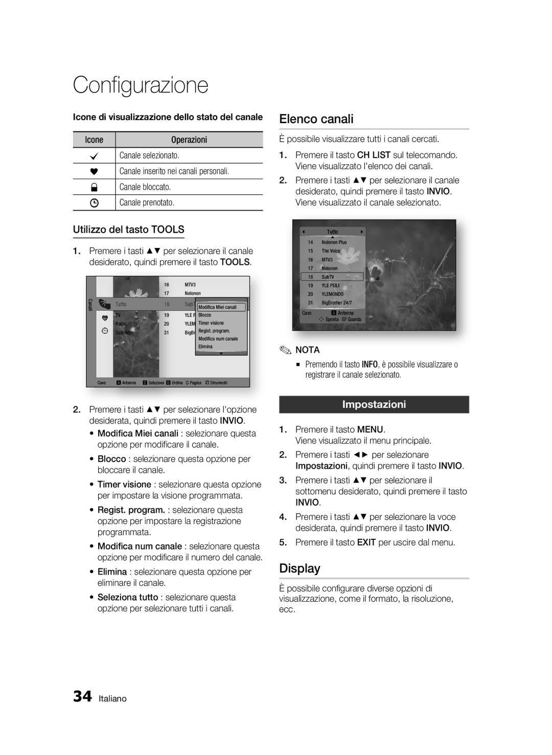 Samsung BD-C8200/XEF, BD-C8500/EDC, BD-C8500/XEF manual Elenco canali, Display, Utilizzo del tasto Tools, Impostazioni 