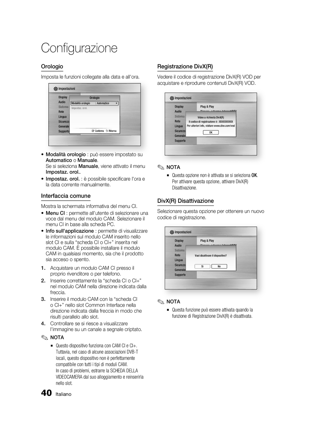 Samsung BD-C8200/XEF, BD-C8500/EDC, BD-C8500/XEF Orologio, Interfaccia comune, Registrazione DivXR, DivXR Disattivazione 