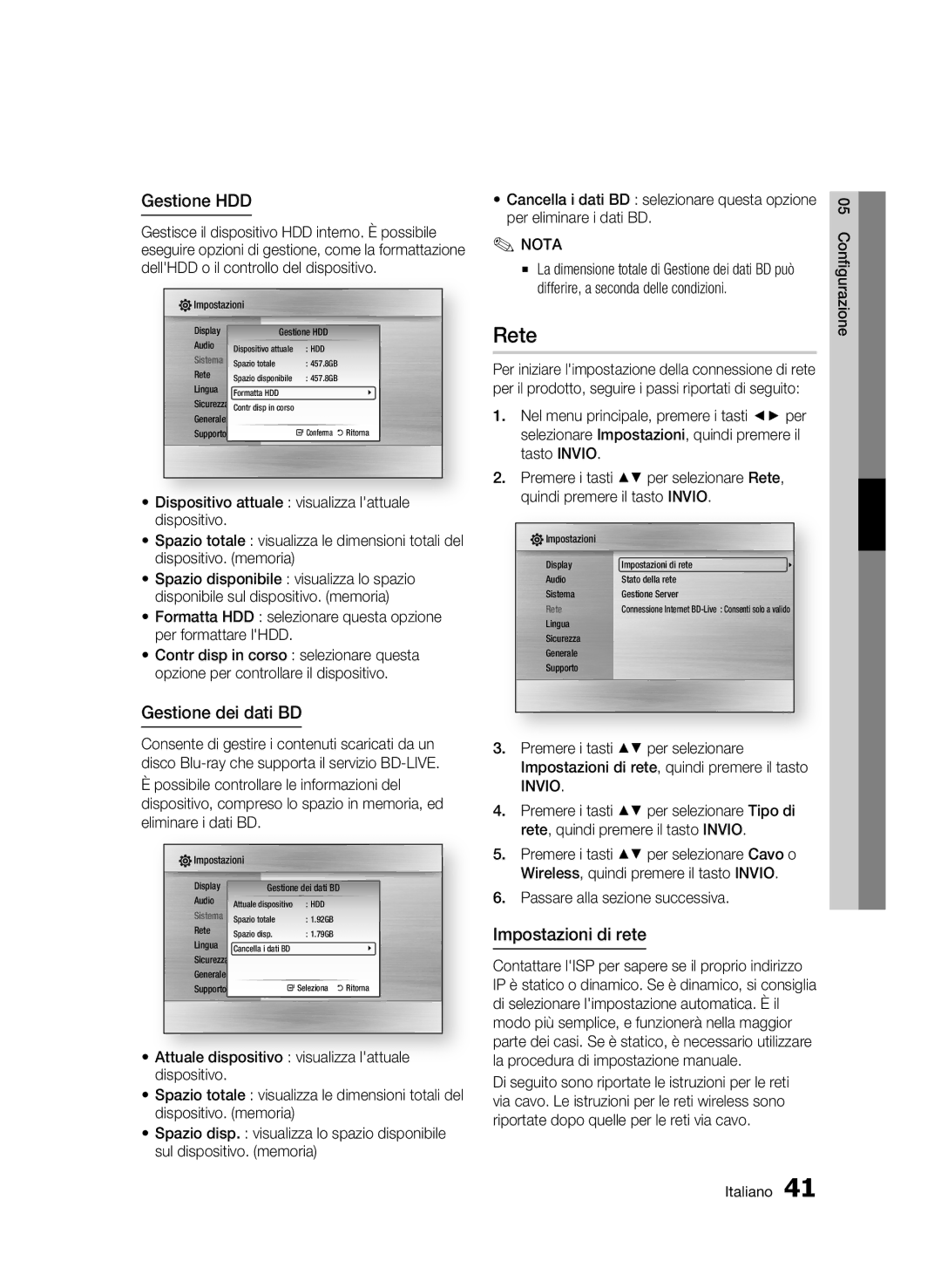 Samsung BD-C8500/XEF manual Rete, Gestione HDD, Gestione dei dati BD, Impostazioni di rete, Passare alla sezione successiva 