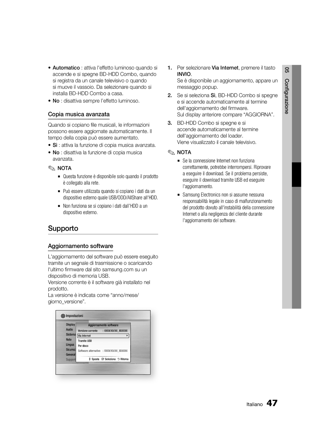 Samsung BD-C8500/XEF, BD-C8500/EDC, BD-C8200/XEF manual Supporto, Copia musica avanzata, Aggiornamento software 