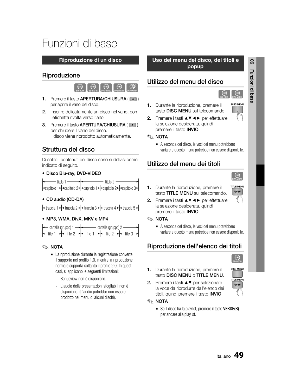 Samsung BD-C8200/XEF, BD-C8500/EDC, BD-C8500/XEF manual Funzioni di base 