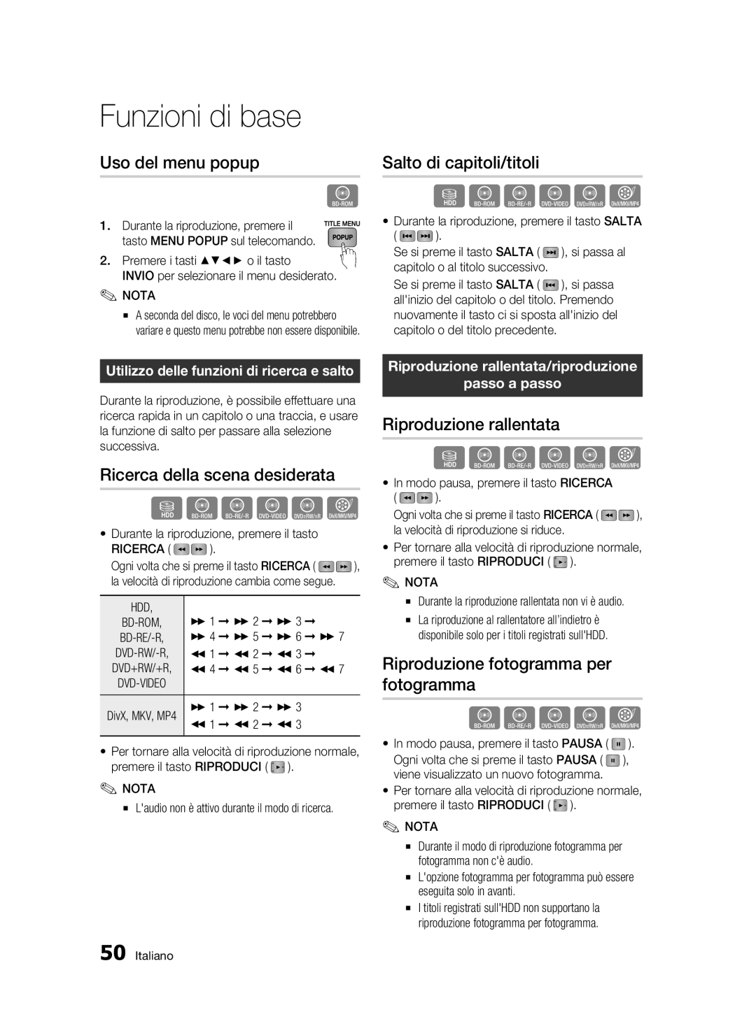 Samsung BD-C8500/XEF Uso del menu popup, Salto di capitoli/titoli, Ricerca della scena desiderata, Riproduzione rallentata 