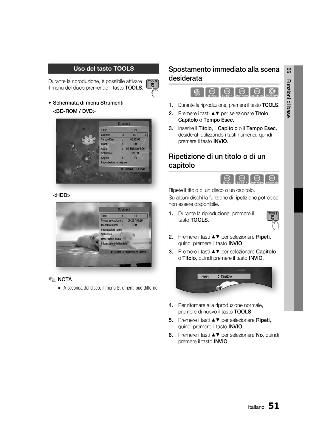 Samsung BD-C8500/EDC manual Spostamento immediato alla scena desiderata, Ripetizione di un titolo o di un capitolo, Hdd 