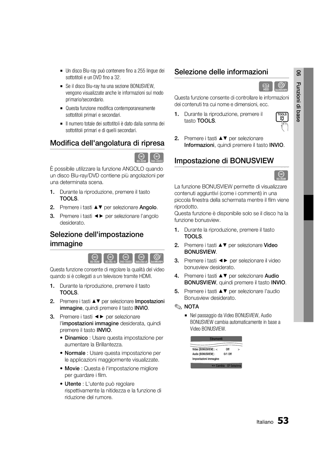 Samsung BD-C8500/XEF Modifica dellangolatura di ripresa, Selezione dellimpostazione immagine, Selezione delle informazioni 