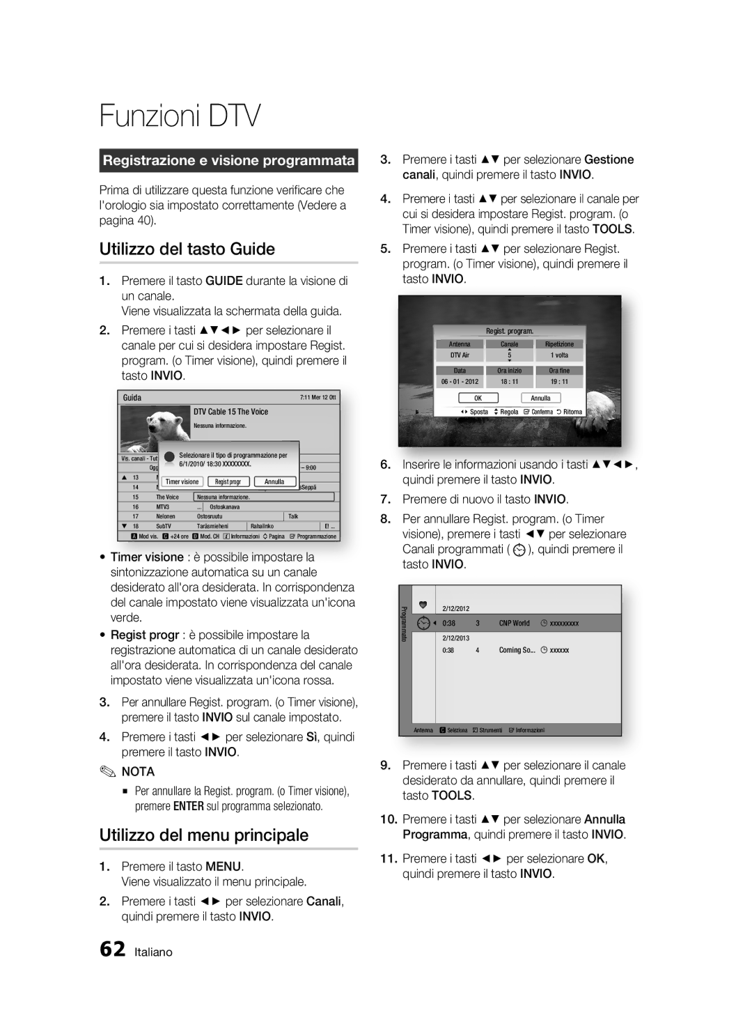 Samsung BD-C8500/XEF manual Utilizzo del tasto Guide, Utilizzo del menu principale, Registrazione e visione programmata 