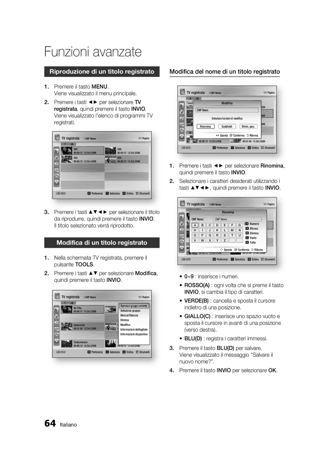 Samsung BD-C8200/XEF, BD-C8500/EDC, BD-C8500/XEF Riproduzione di un titolo registrato, Modifica di un titolo registrato 