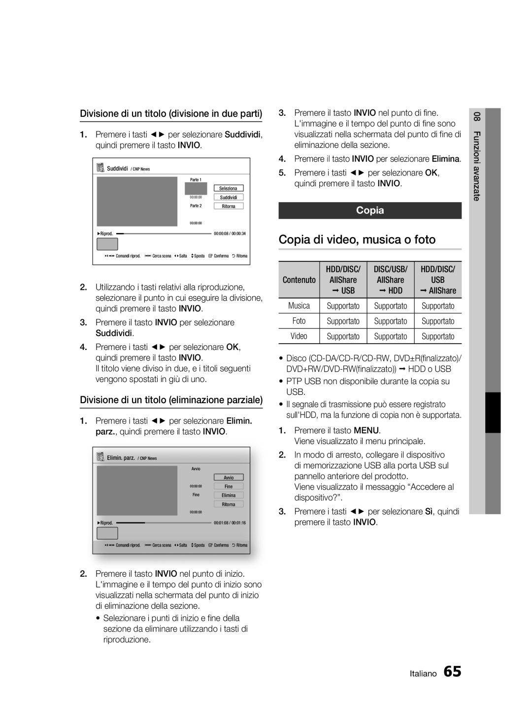 Samsung BD-C8500/XEF, BD-C8500/EDC Copia di video, musica o foto, Divisione di un titolo divisione in due parti, Usb Hdd 