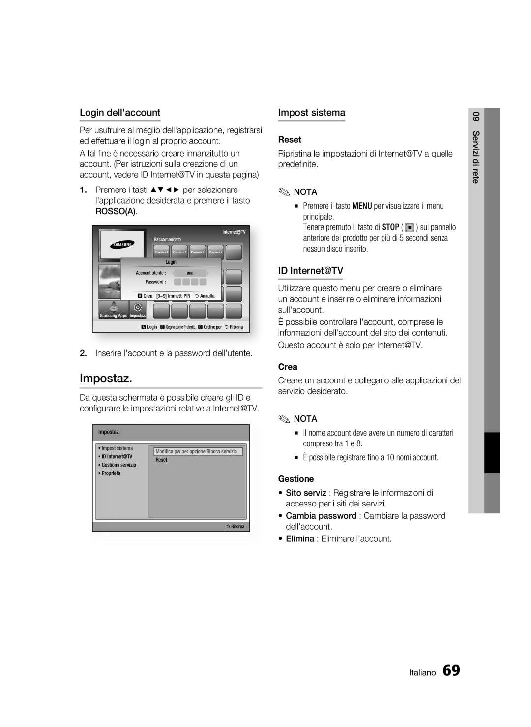 Samsung BD-C8500/EDC, BD-C8200/XEF, BD-C8500/XEF manual Impostaz, Login dellaccount, Impost sistema, ID Internet@TV 