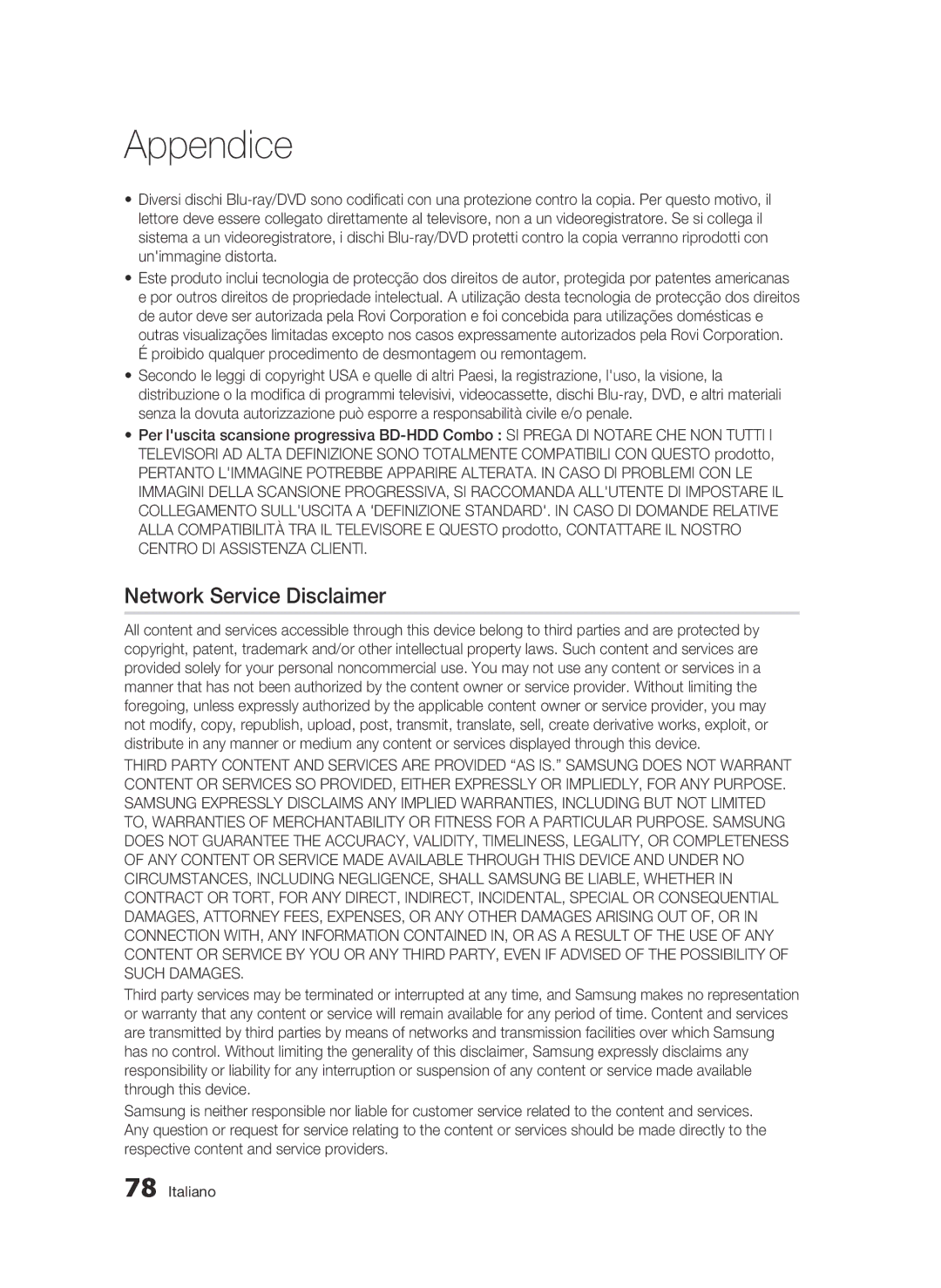 Samsung BD-C8500/EDC, BD-C8200/XEF, BD-C8500/XEF manual Network Service Disclaimer 