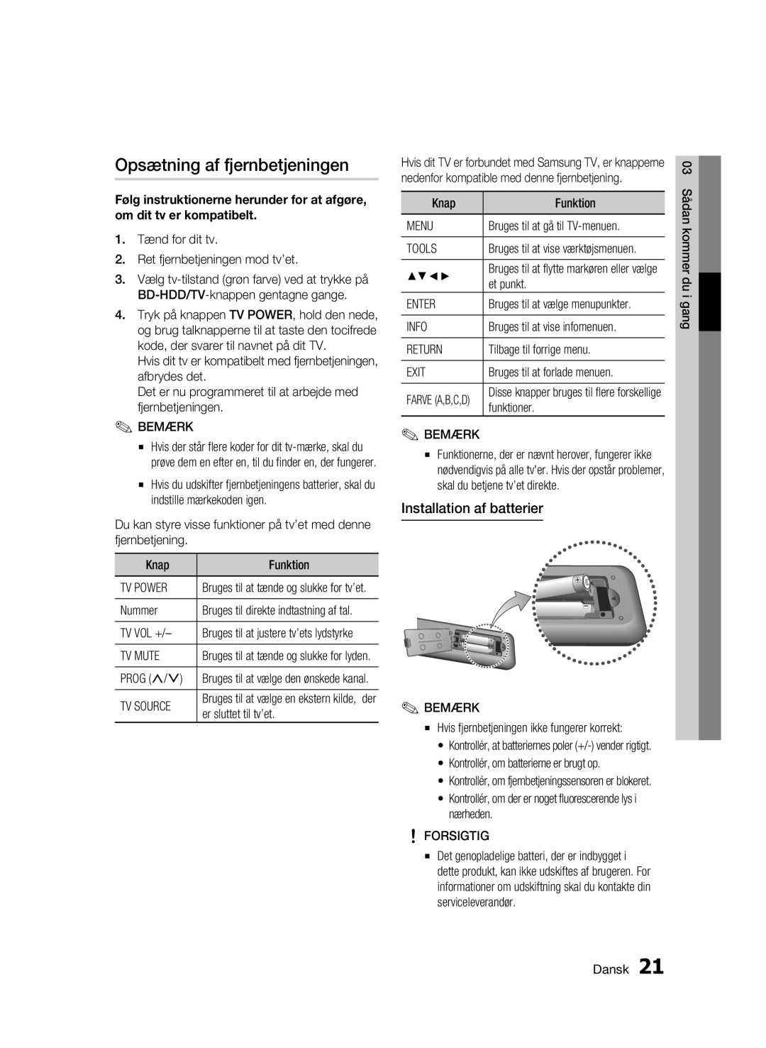 Samsung BD-C8200/XEE, BD-C8500/XEE manual Opsætning af fjernbetjeningen, Installation af batterier 