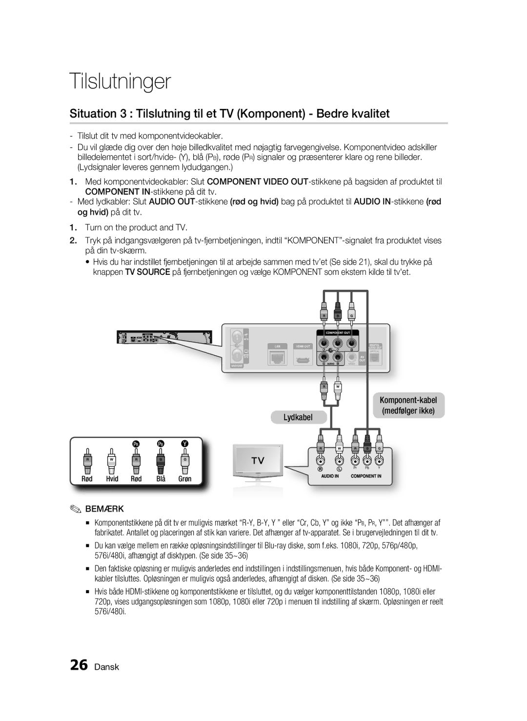 Samsung BD-C8500/XEE, BD-C8200/XEE manual Situation 3 Tilslutning til et TV Komponent Bedre kvalitet 