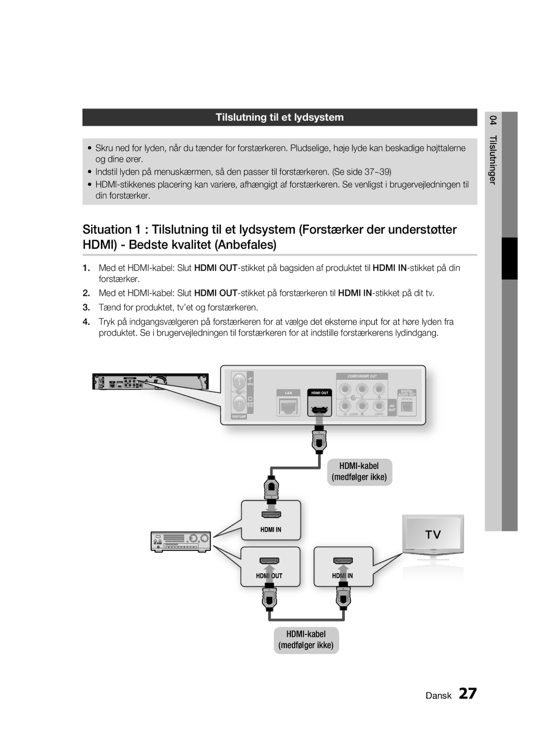 Samsung BD-C8200/XEE, BD-C8500/XEE manual Tilslutning til et lydsystem, HDMI-kabel Medfølger ikke Dansk 