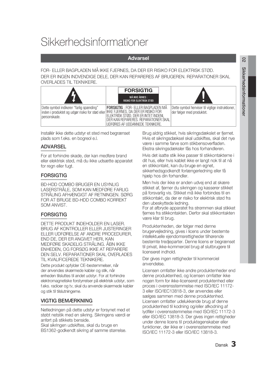 Samsung BD-C8200/XEE, BD-C8500/XEE manual Sikkerhedsinformationer, Dansk , Dette symbol henviser til vigtige instruktioner 