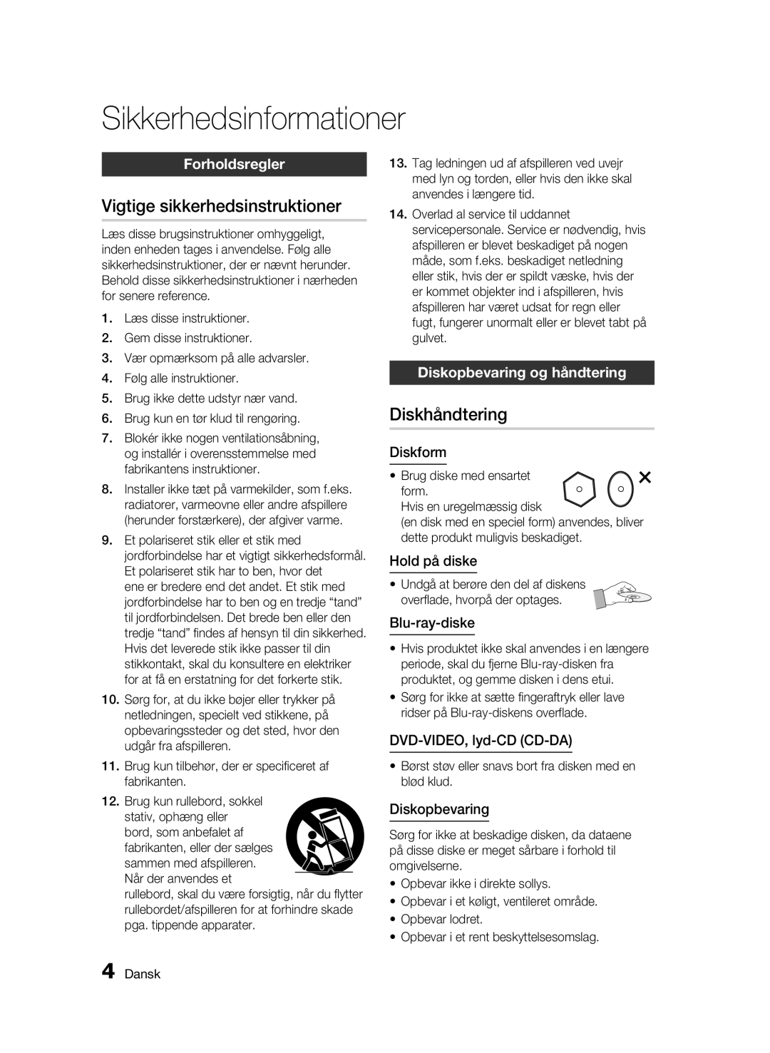 Samsung BD-C8500/XEE manual Vigtige sikkerhedsinstruktioner, Diskhåndtering, Forholdsregler, Diskopbevaring og håndtering 