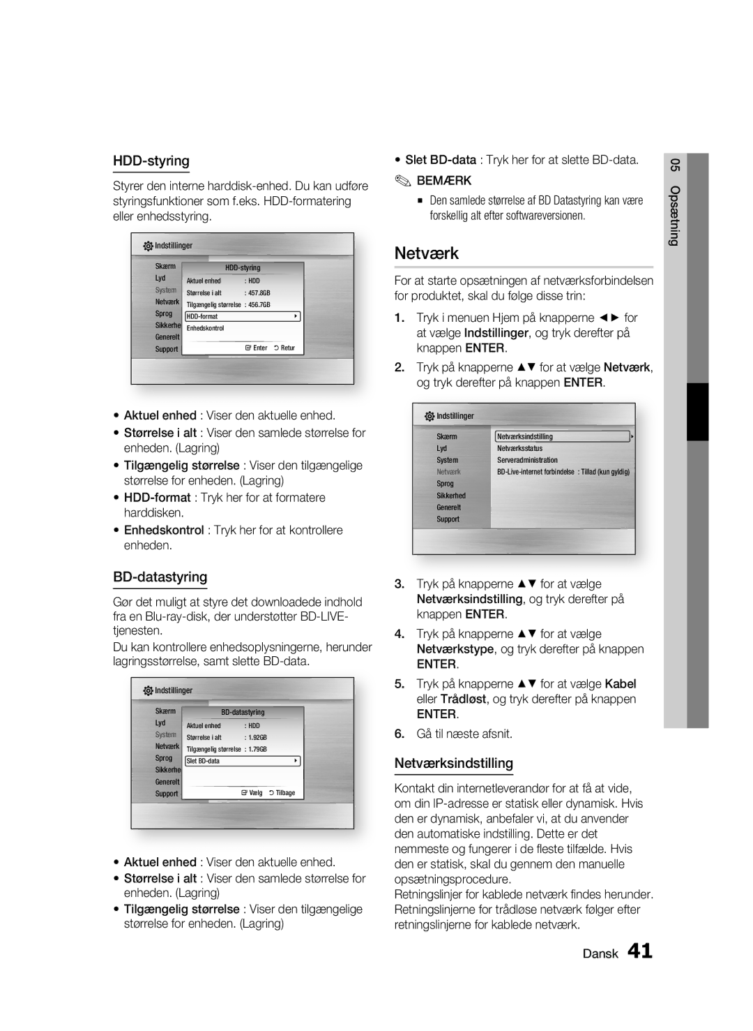 Samsung BD-C8200/XEE, BD-C8500/XEE manual HDD-styring, BD-datastyring, Netværksindstilling 