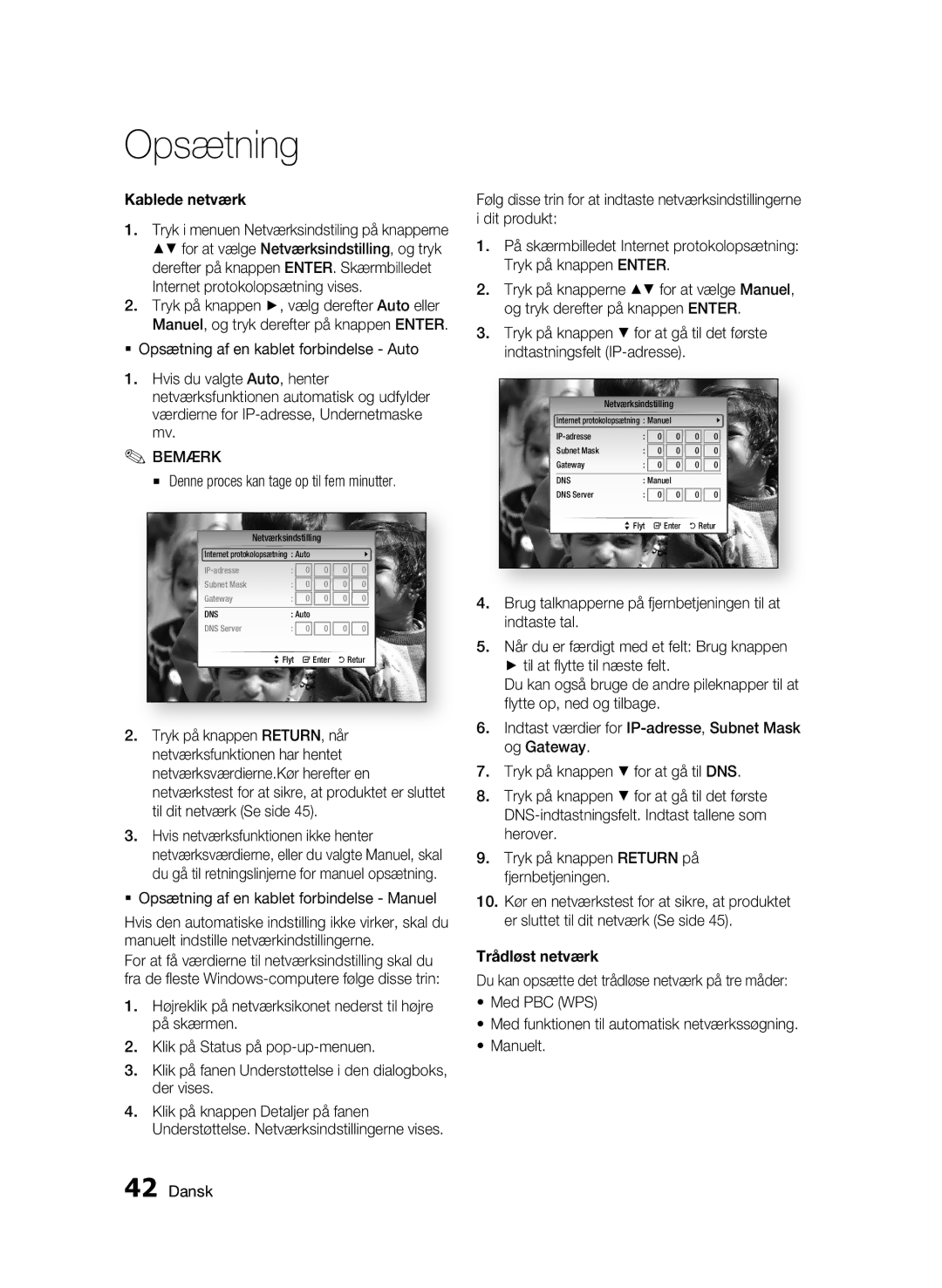 Samsung BD-C8500/XEE Kablede netværk, Denne proces kan tage op til fem minutter, Trådløst netværk, Netværksindstilling 