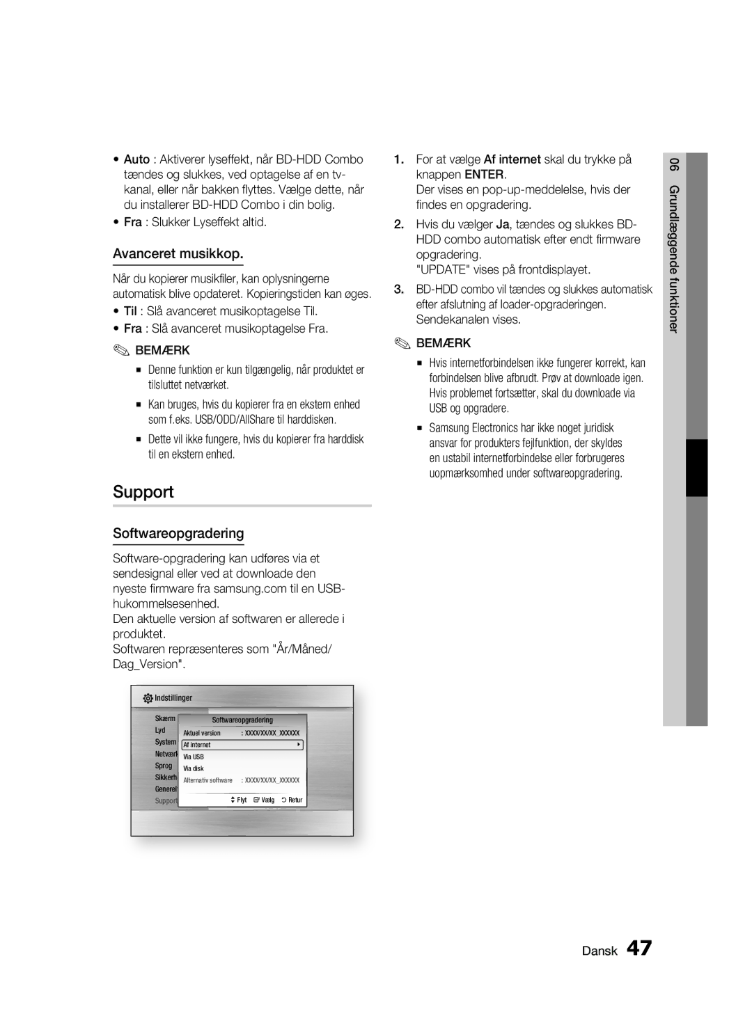 Samsung BD-C8200/XEE, BD-C8500/XEE manual Support, Avanceret musikkop, Softwareopgradering, Fra Slukker Lyseffekt altid 