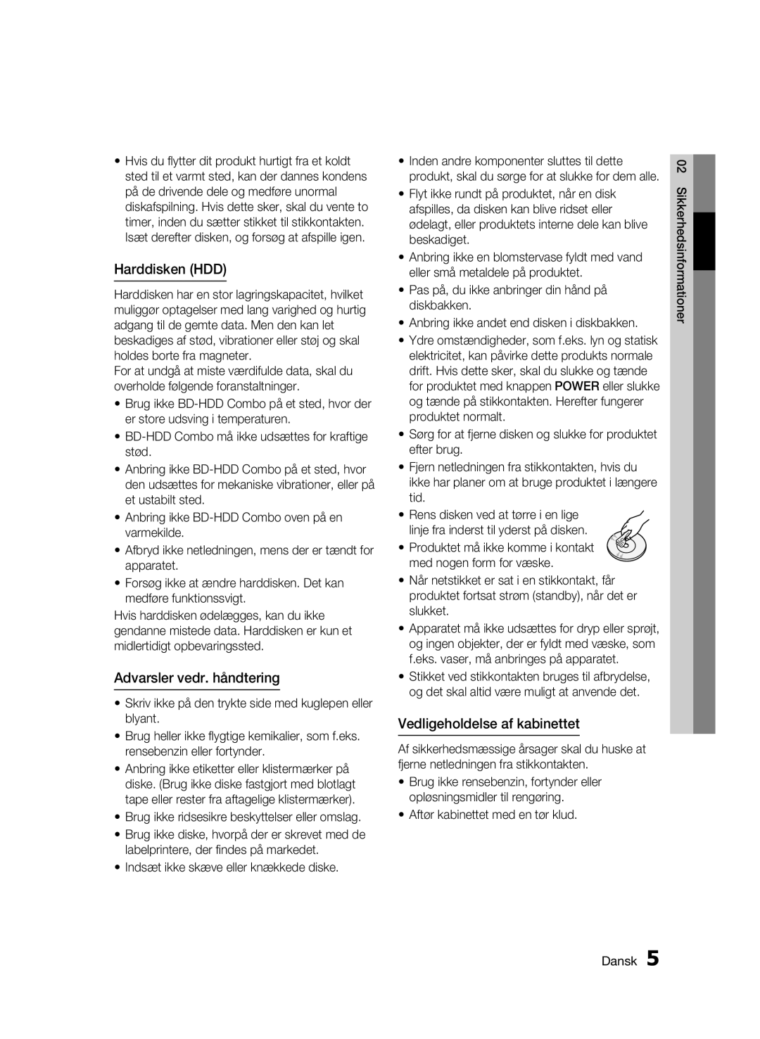 Samsung BD-C8200/XEE, BD-C8500/XEE manual Harddisken HDD, Advarsler vedr. håndtering, Vedligeholdelse af kabinettet 