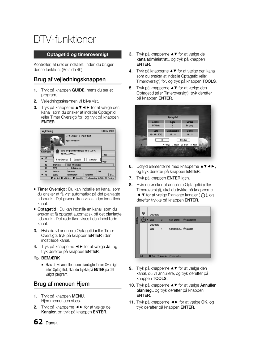 Samsung BD-C8500/XEE, BD-C8200/XEE manual Brug af vejledningsknappen, Brug af menuen Hjem, Optagetid og timeroversigt 