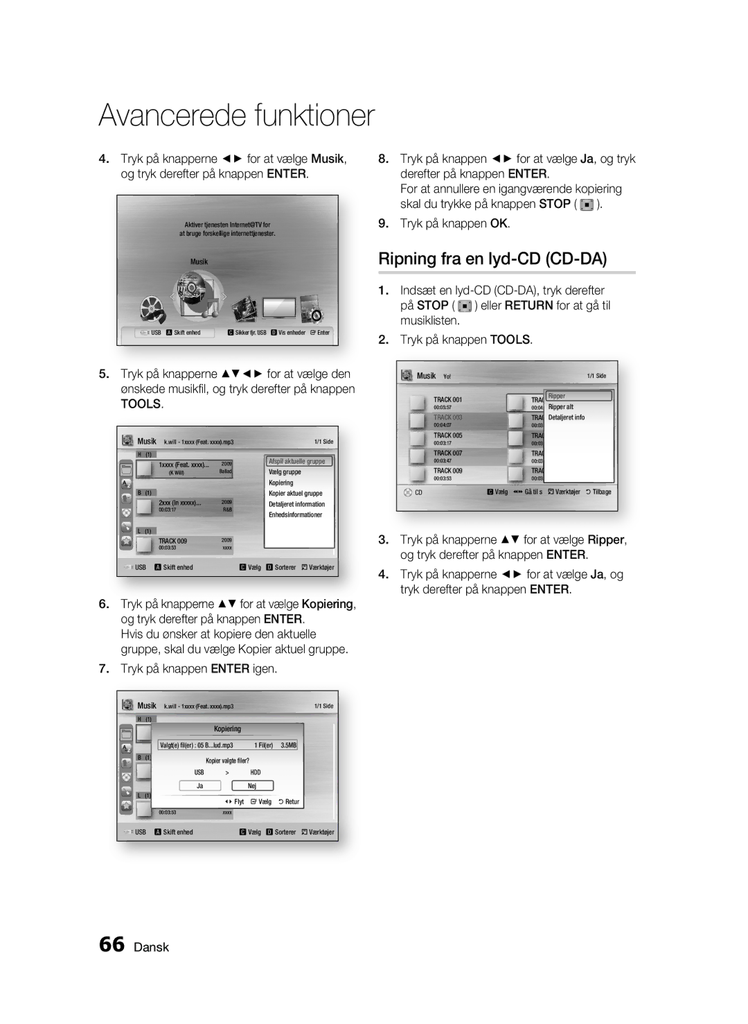 Samsung BD-C8500/XEE, BD-C8200/XEE Ripning fra en lyd-CD CD-DA, Tryk på knappen OK, Indsæt en lyd-CD CD-DA, tryk derefter 