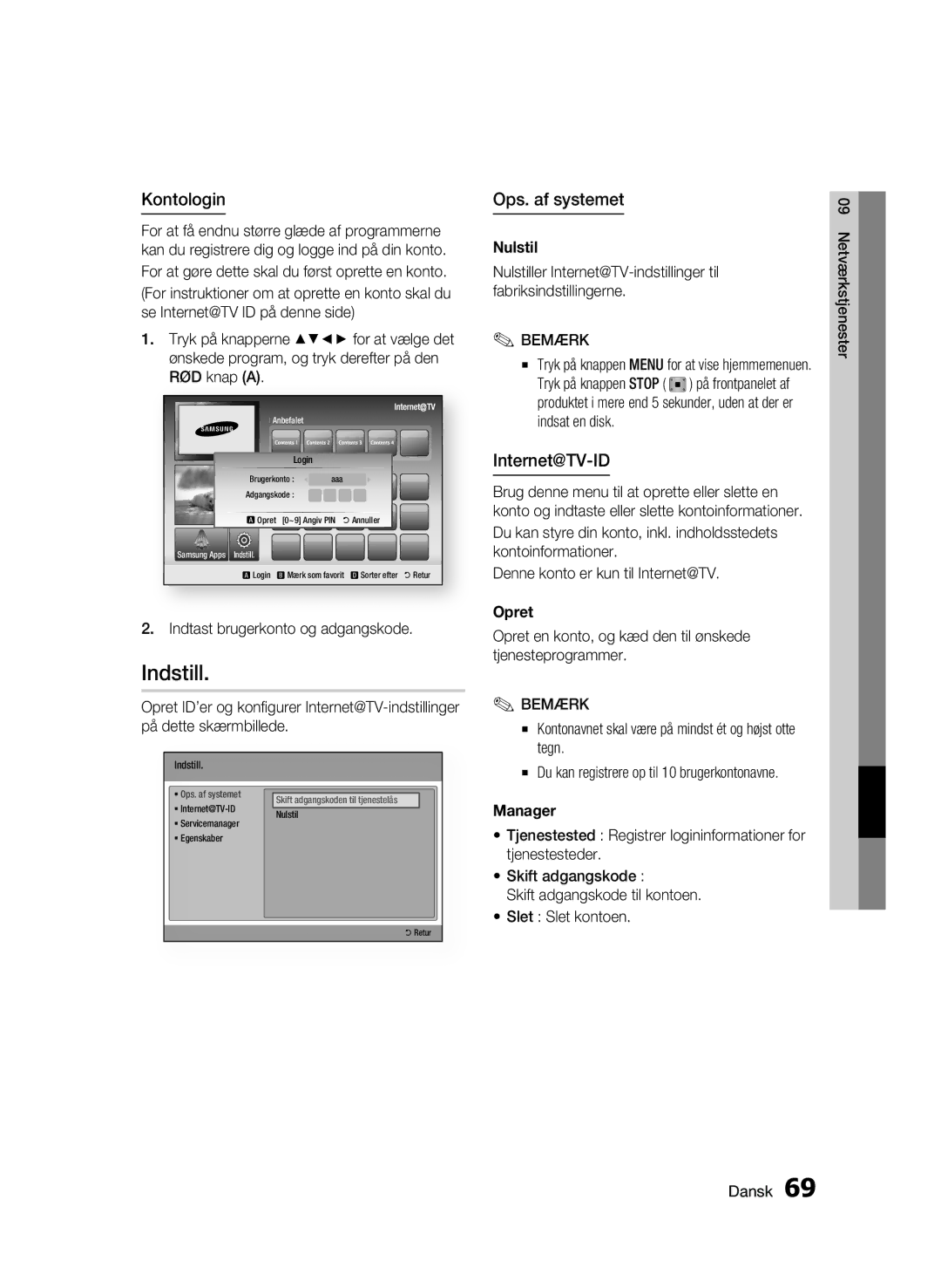 Samsung BD-C8200/XEE, BD-C8500/XEE manual Indstill, Kontologin, Ops. af systemet, Internet@TV-ID 