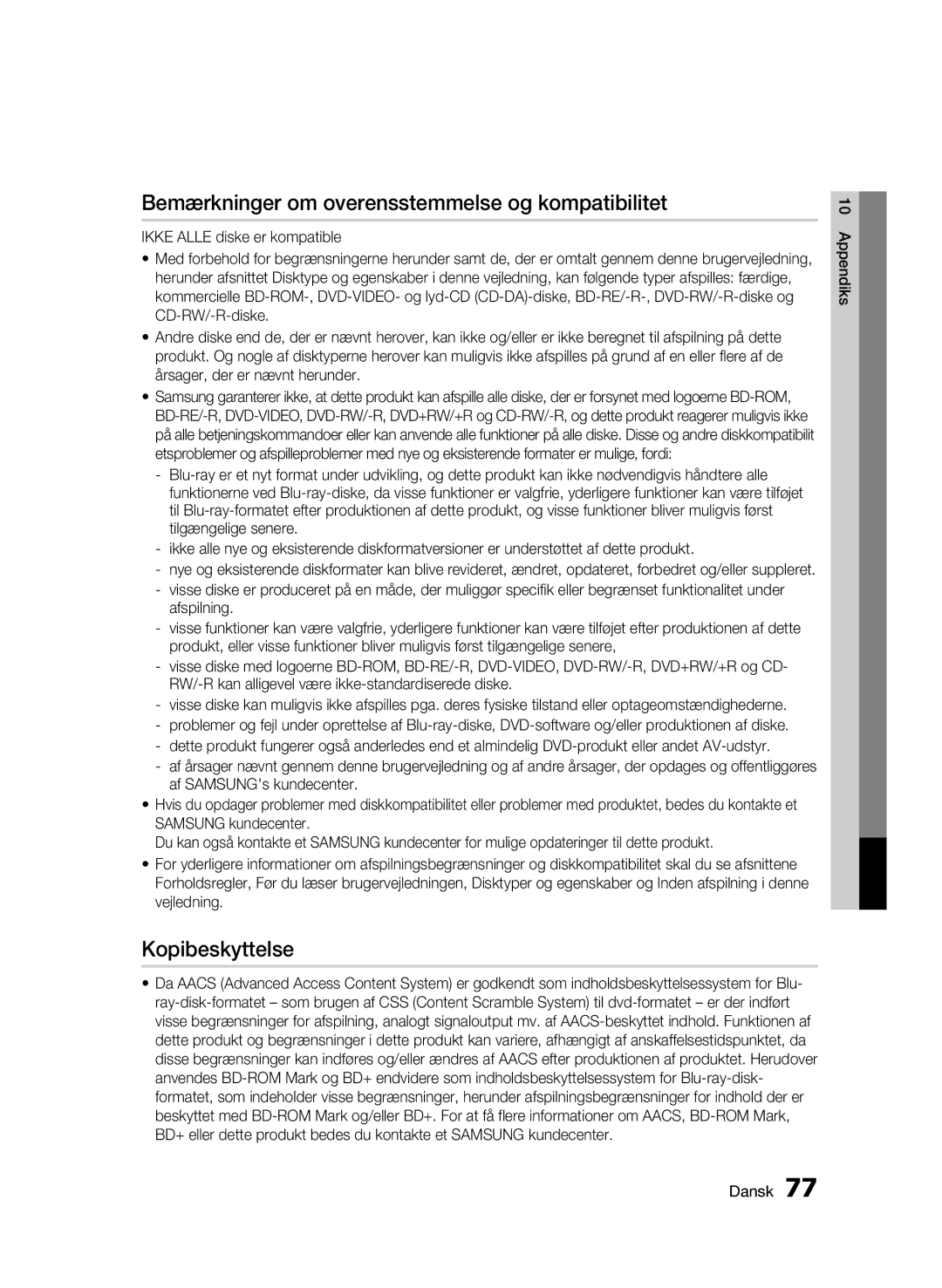 Samsung BD-C8200/XEE, BD-C8500/XEE manual Bemærkninger om overensstemmelse og kompatibilitet, Kopibeskyttelse 