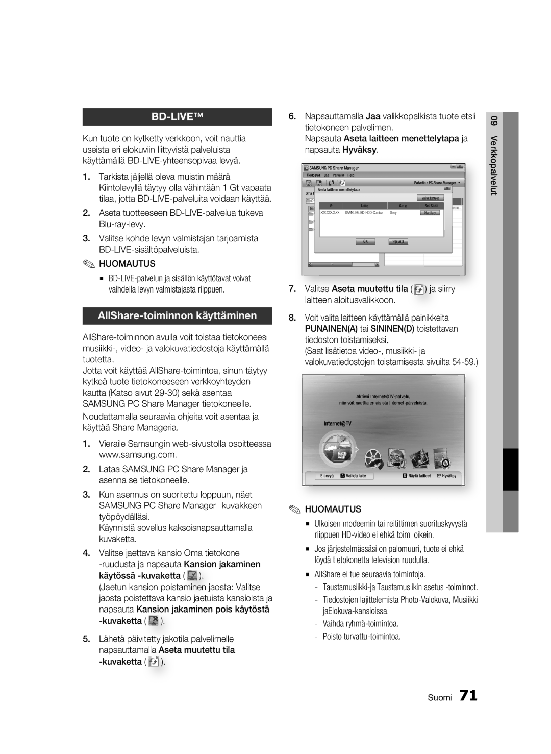 Samsung BD-C8200/XEE, BD-C8500/XEE manual AllShare-toiminnon käyttäminen, AllShare ei tue seuraavia toimintoja 