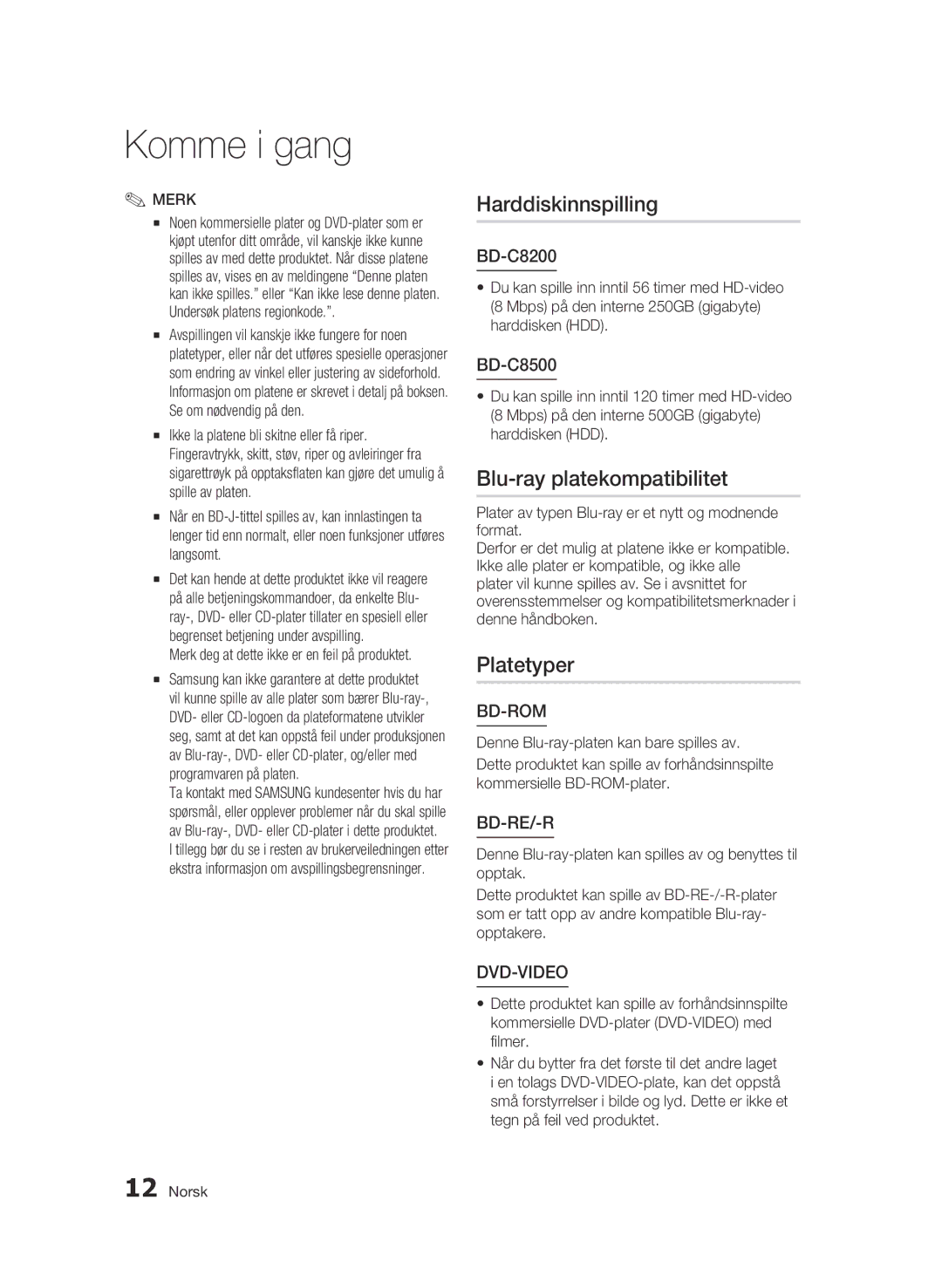 Samsung BD-C8500/XEE, BD-C8200/XEE manual Harddiskinnspilling, Blu-ray platekompatibilitet, Platetyper 