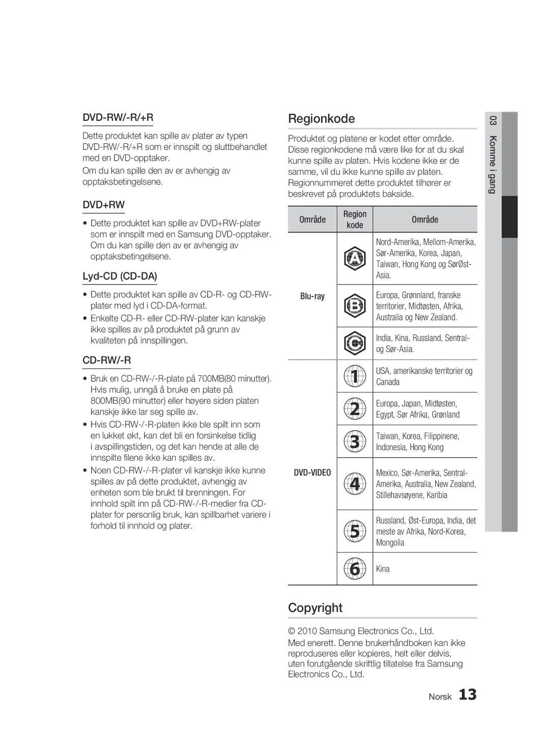 Samsung BD-C8200/XEE, BD-C8500/XEE manual Regionkode, Copyright, Lyd-CD CD-DA 