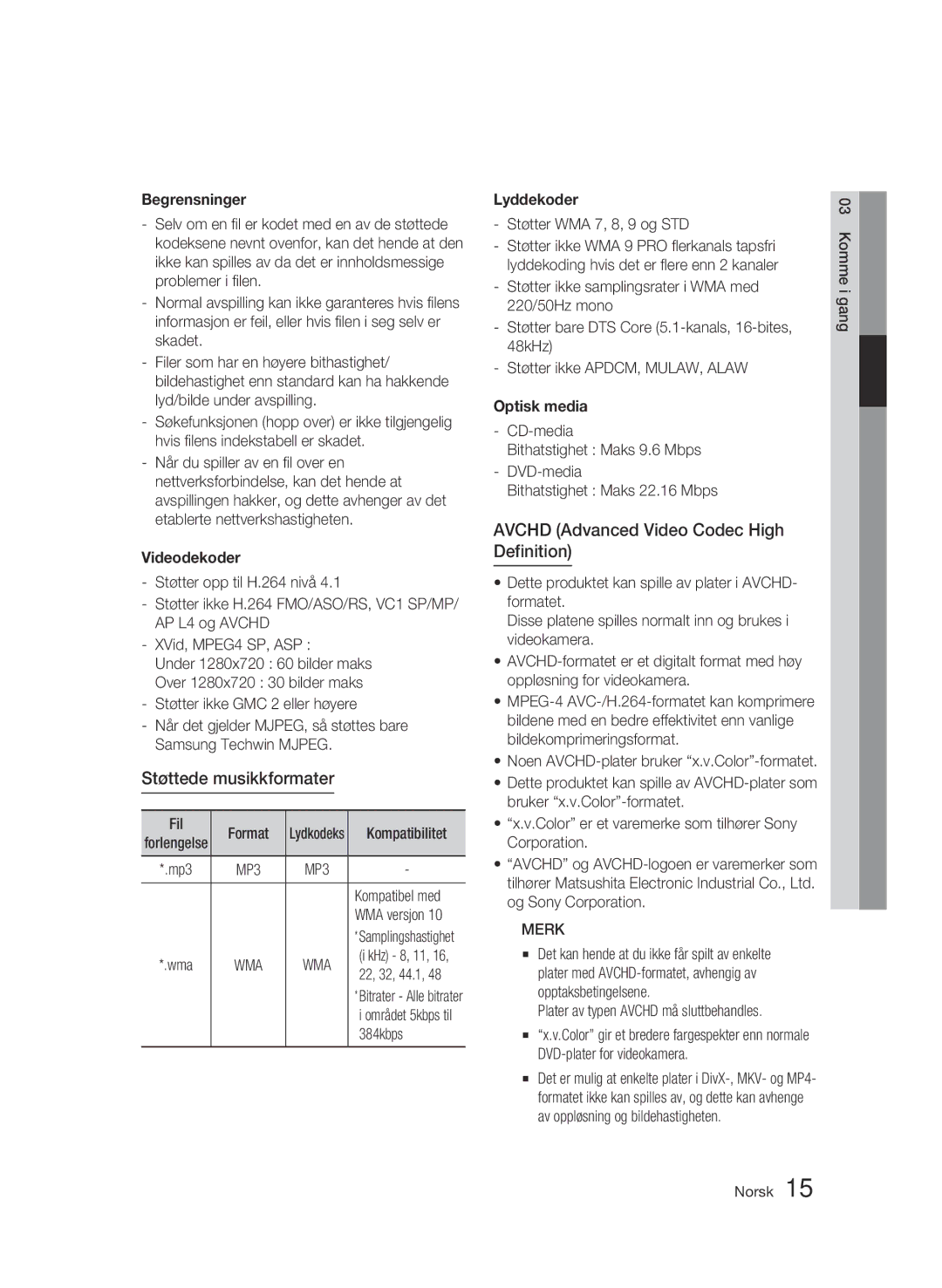 Samsung BD-C8200/XEE, BD-C8500/XEE manual Støttede musikkformater, Avchd Advanced Video Codec High Definition 