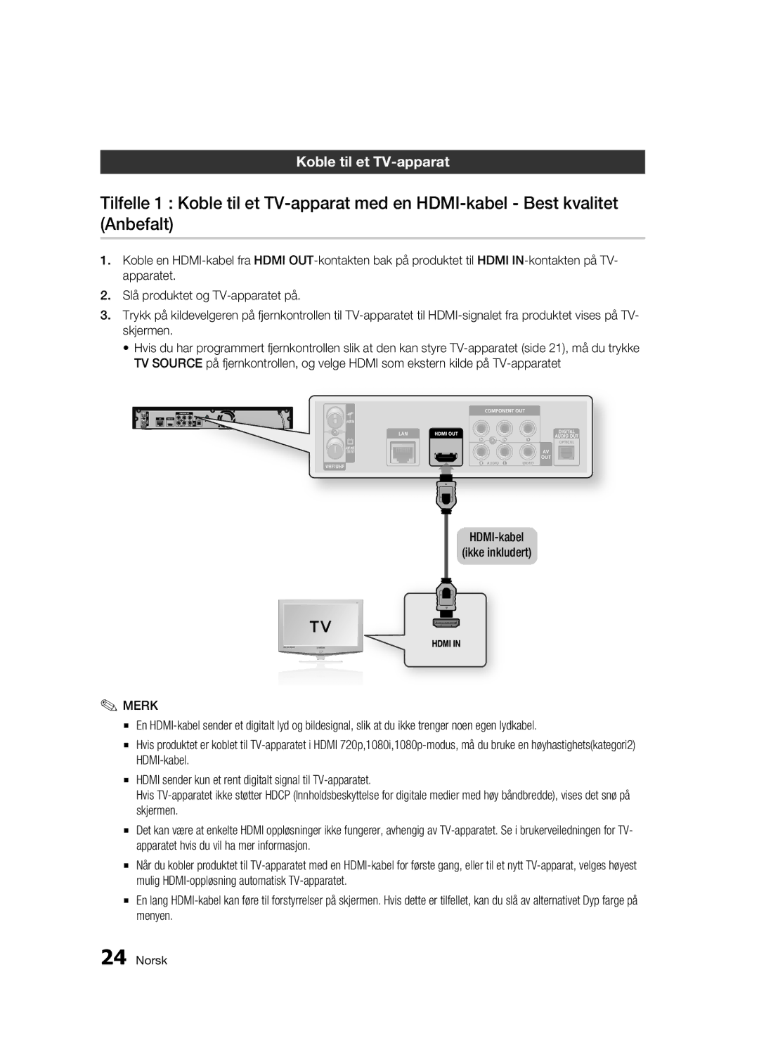 Samsung BD-C8500/XEE, BD-C8200/XEE manual Koble til et TV-apparat, HDMI-kabel Ikke inkludert 