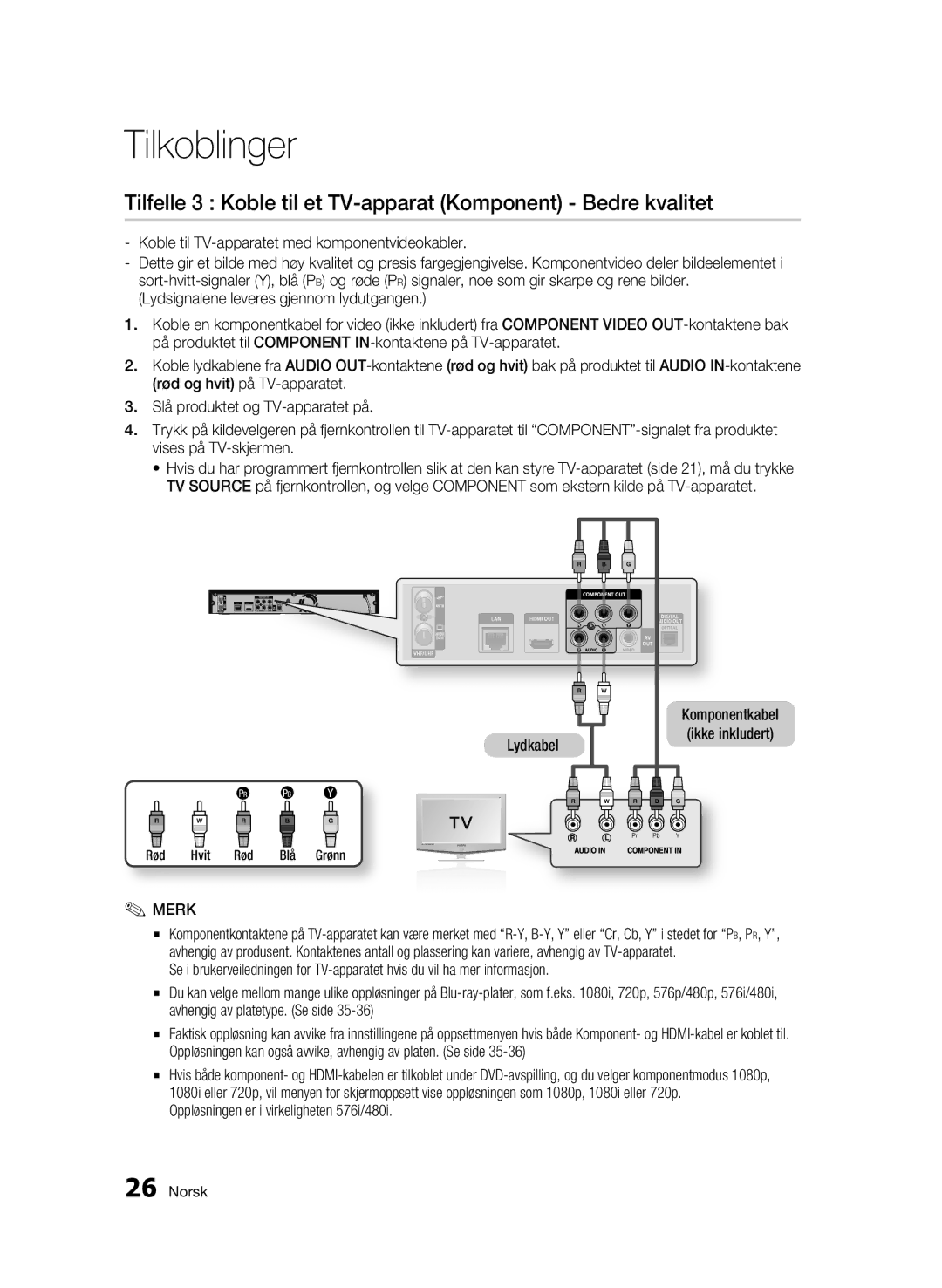 Samsung BD-C8500/XEE, BD-C8200/XEE manual Tilfelle 3 Koble til et TV-apparat Komponent Bedre kvalitet 