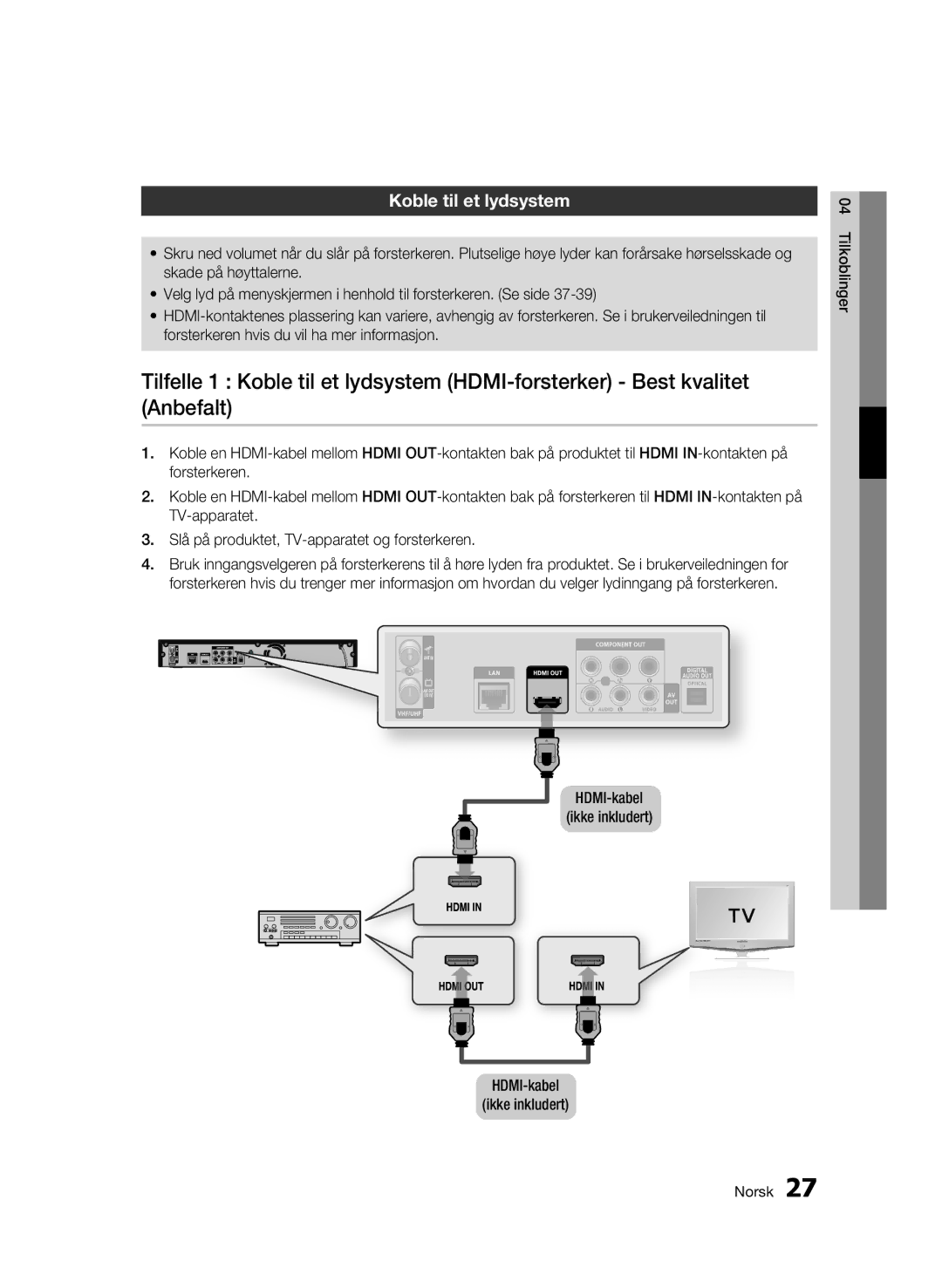 Samsung BD-C8200/XEE, BD-C8500/XEE manual Koble til et lydsystem, HDMI-kabel Ikke inkludert 