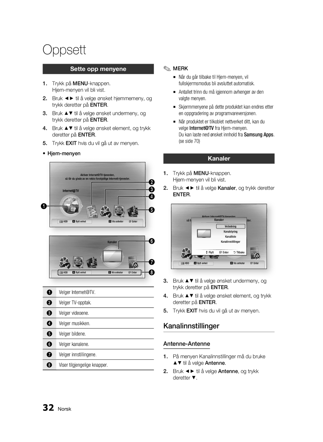 Samsung BD-C8500/XEE, BD-C8200/XEE manual Kanalinnstillinger, Sette opp menyene, Kanaler, Antenne-Antenne 