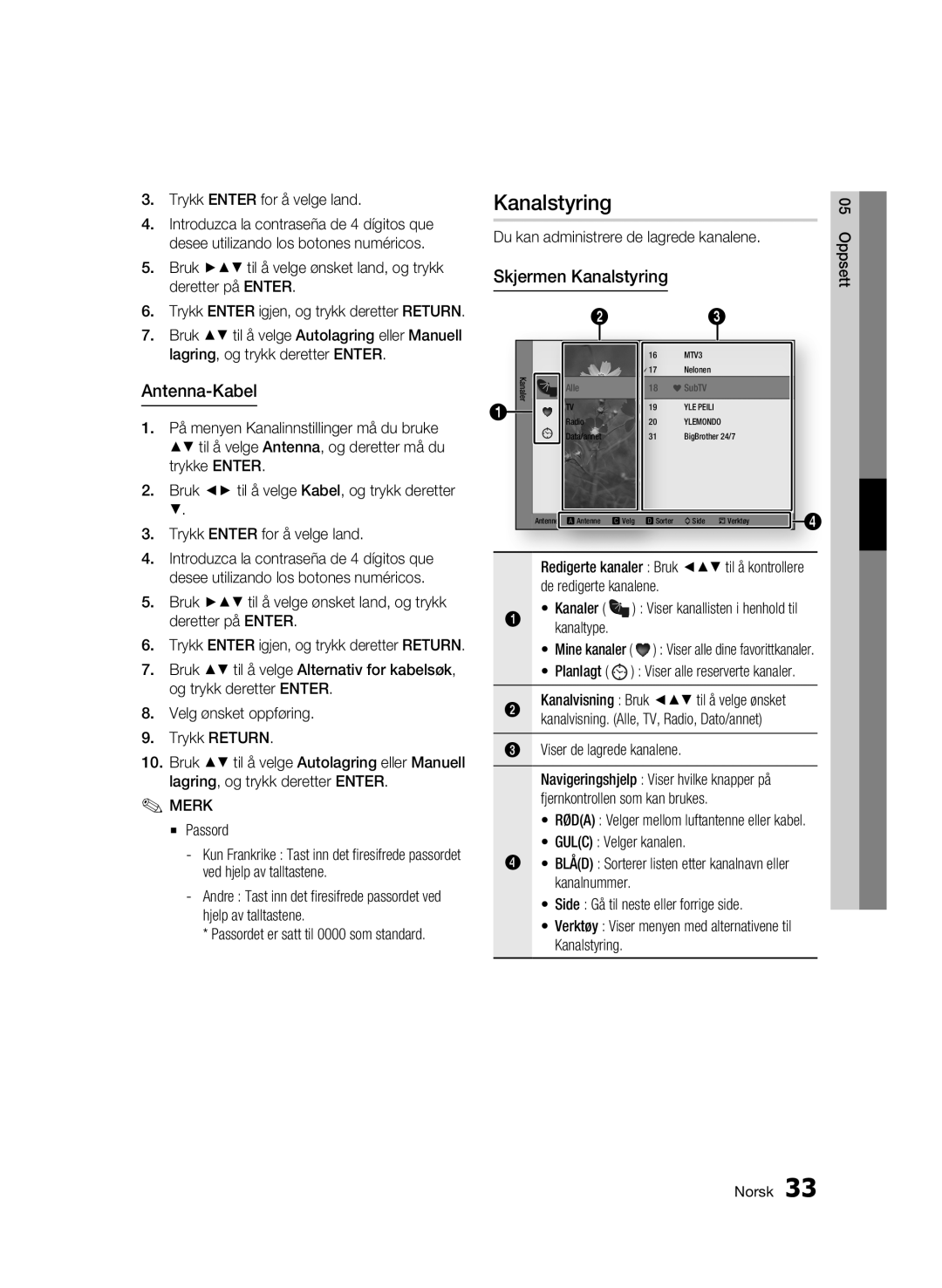 Samsung BD-C8200/XEE, BD-C8500/XEE manual Antenna-Kabel, Skjermen Kanalstyring 