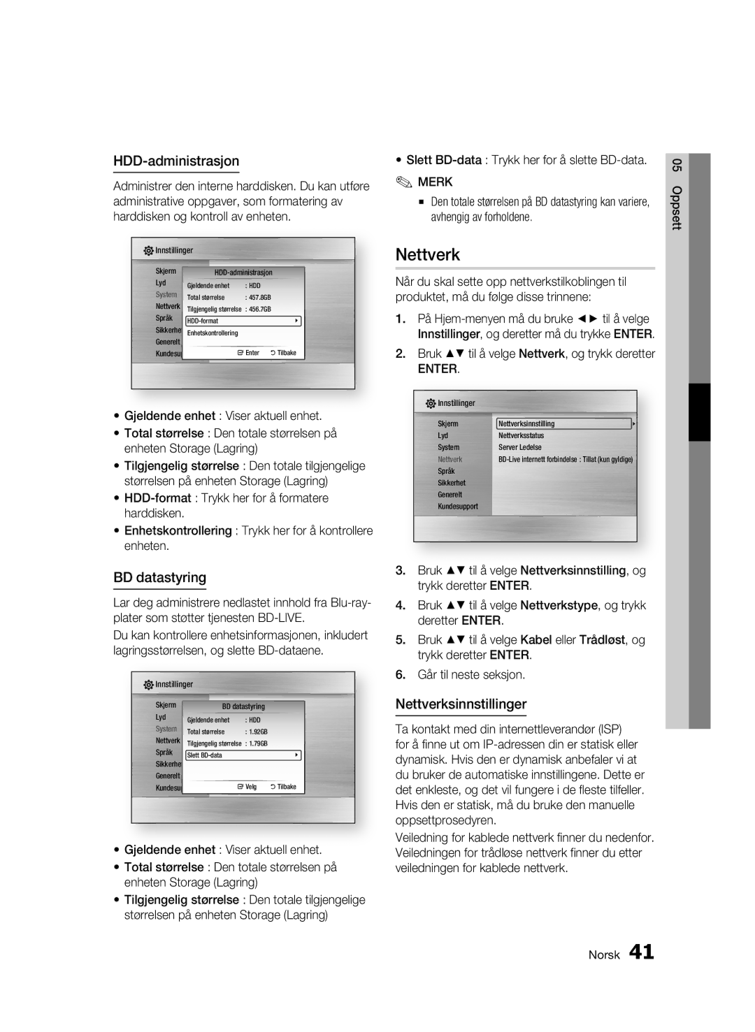 Samsung BD-C8200/XEE, BD-C8500/XEE manual HDD-administrasjon, BD datastyring, Nettverksinnstillinger 