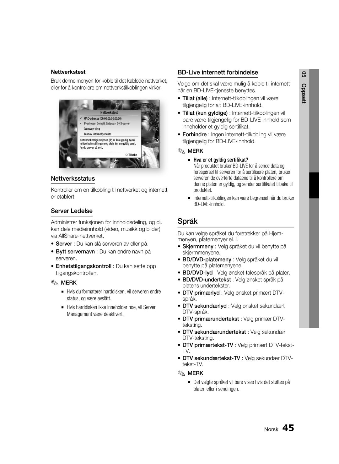 Samsung BD-C8200/XEE, BD-C8500/XEE Språk, Nettverksstatus, Server Ledelse, BD-Live internett forbindelse, Nettverkstest 