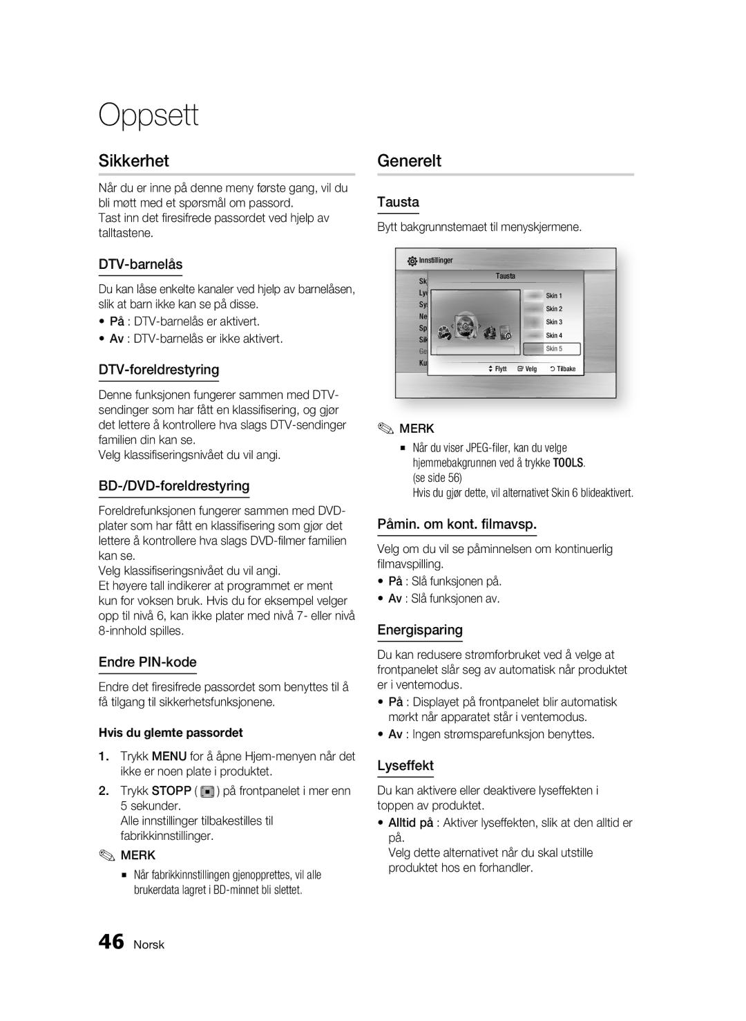 Samsung BD-C8500/XEE, BD-C8200/XEE manual Sikkerhet, Generelt 