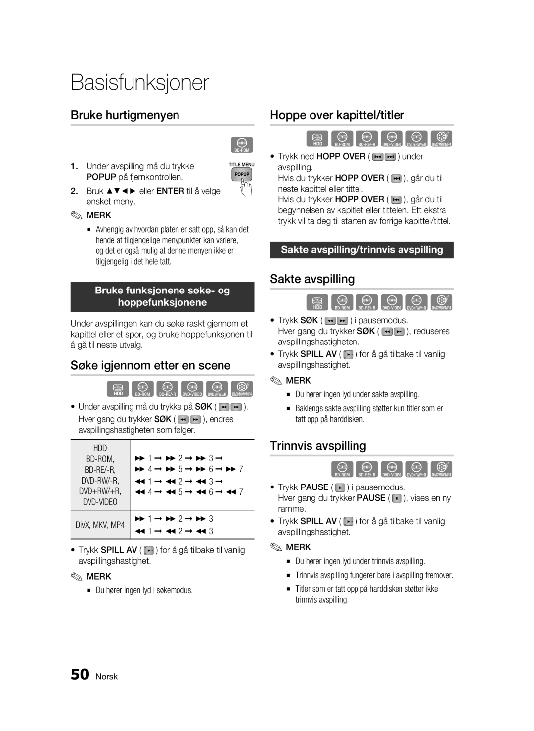 Samsung BD-C8500/XEE manual Bruke hurtigmenyen, Søke igjennom etter en scene, Hoppe over kapittel/titler, Sakte avspilling 