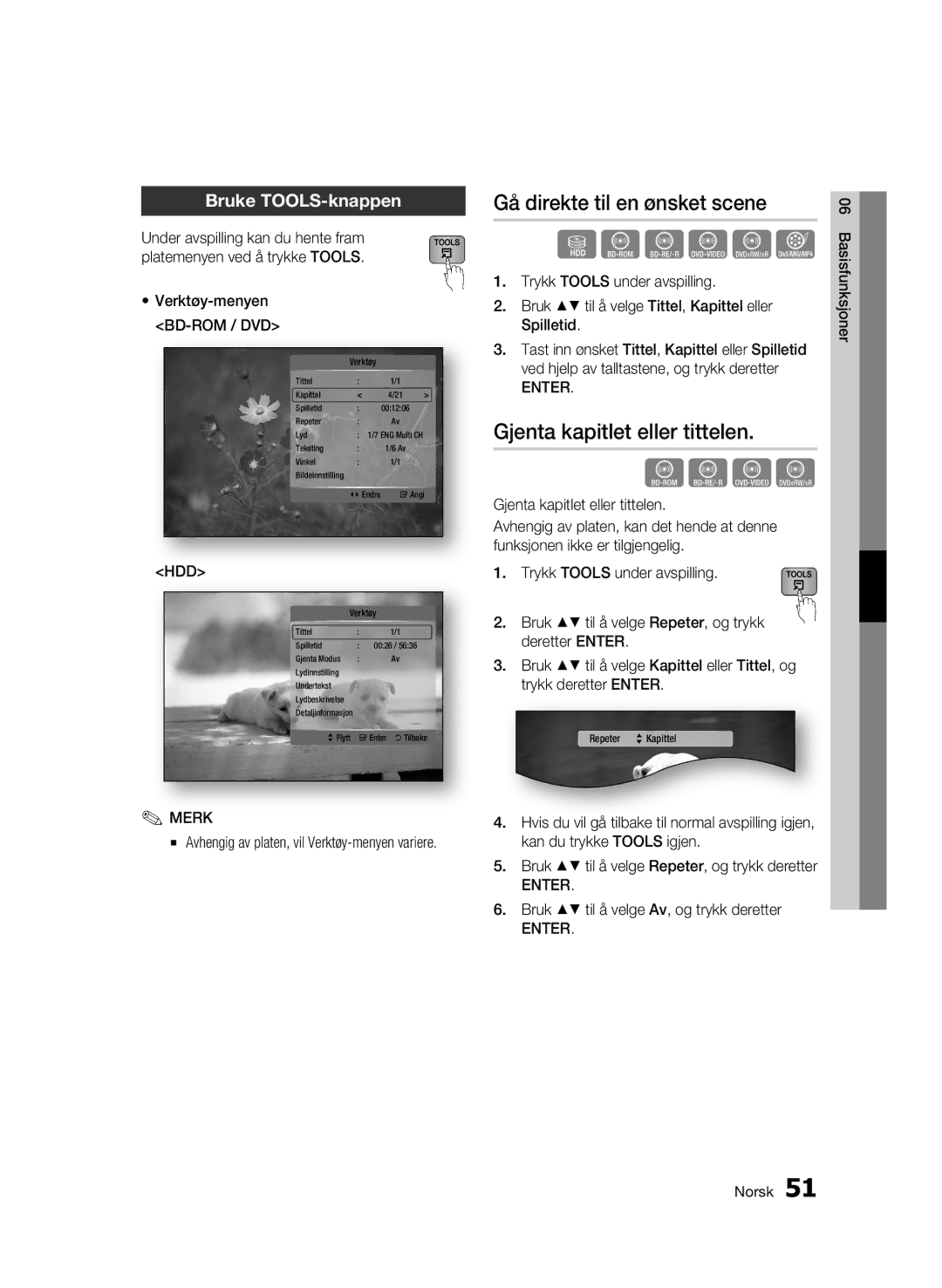 Samsung BD-C8200/XEE manual Gå direkte til en ønsket scene, Gjenta kapitlet eller tittelen, Bruke TOOLS-knappen, Hdd 