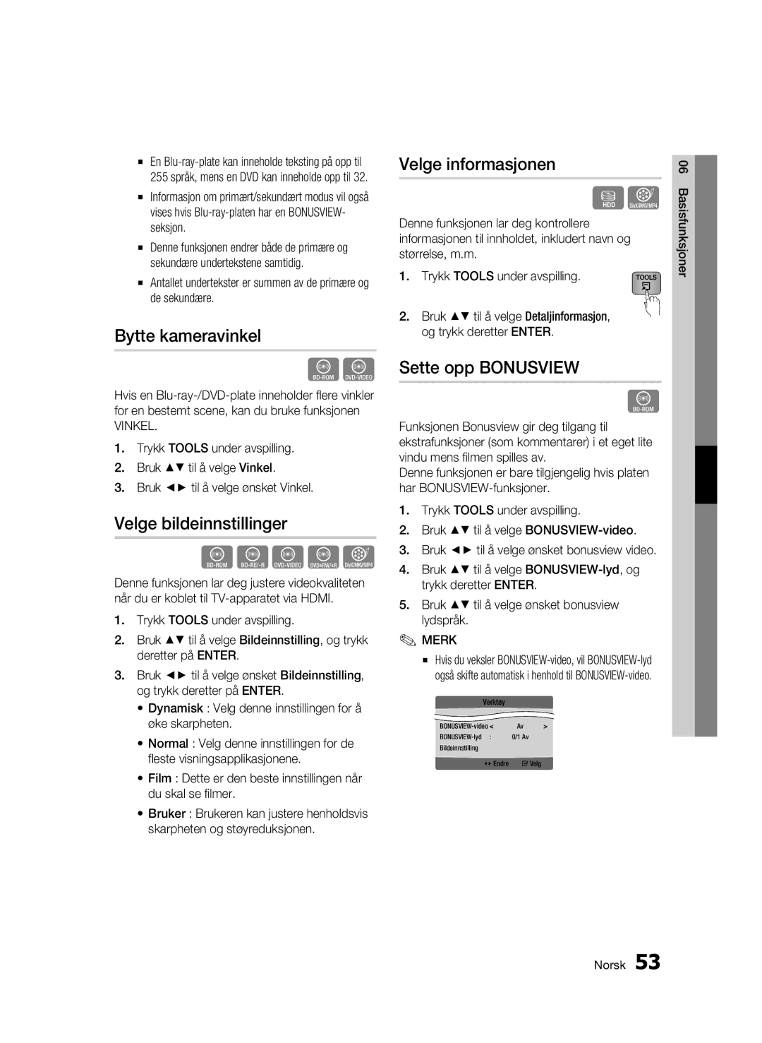 Samsung BD-C8200/XEE manual Bytte kameravinkel, Velge bildeinnstillinger, Velge informasjonen, Sette opp Bonusview, Vinkel 